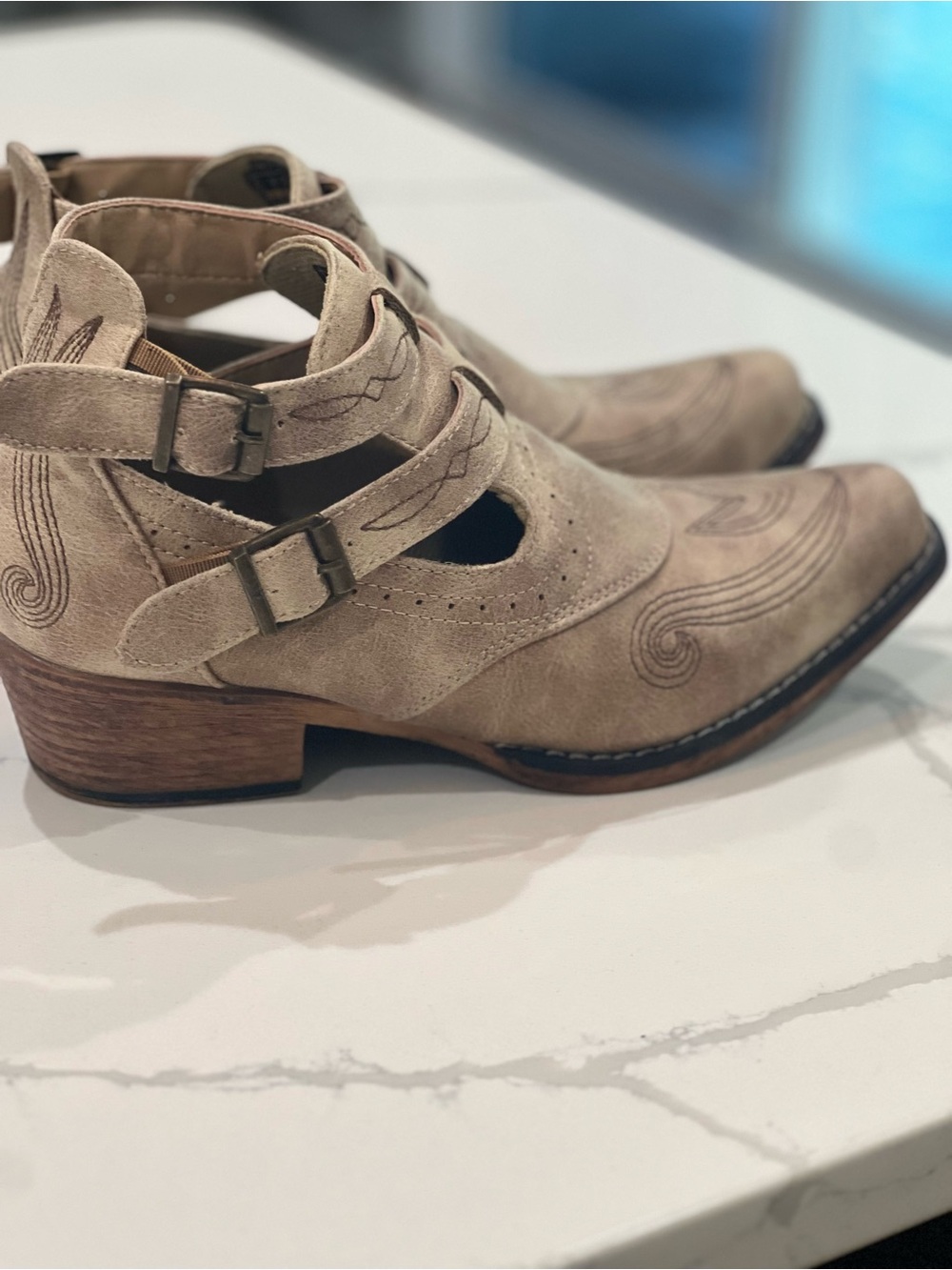 Women’s Suede Buckle Ankle Boots in Tan - Picture 2 of 4